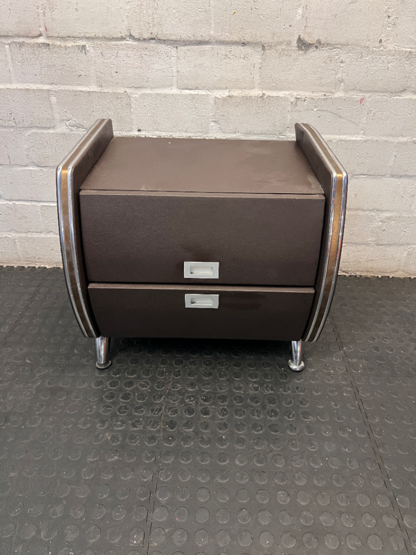 Brown 2-Drawer Side Table with Chrome Details — Paint Droplets on S - 2ndhandwarehouse.com