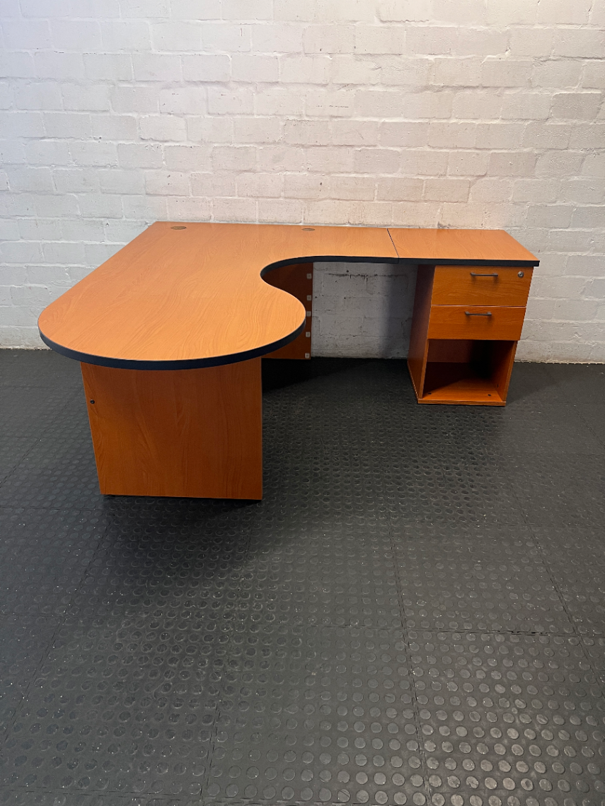 Cherry Wood Finish L-Shaped Desk with Drawers — Missing Drawer Connectors and Panel S - 2ndhandwarehouse.com