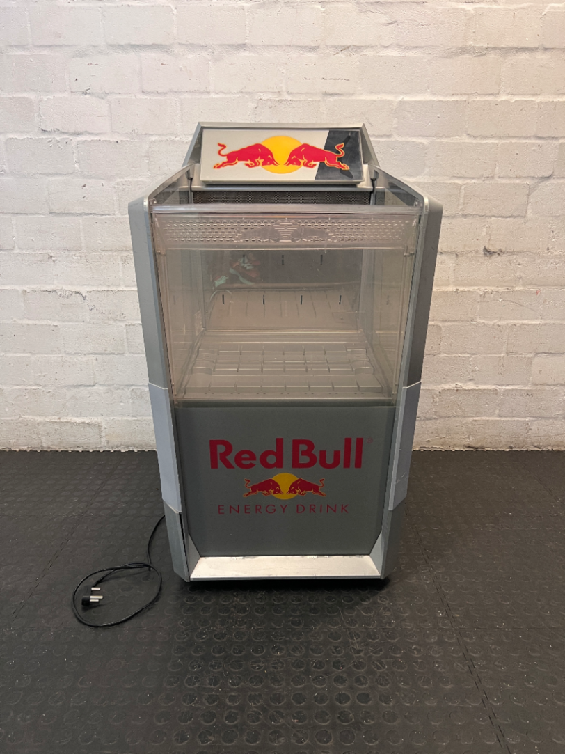 Red Bull Branded Silver Floor Standing Display Fridge — Functional with Audible Noise During O - 2ndhandwarehouse.com