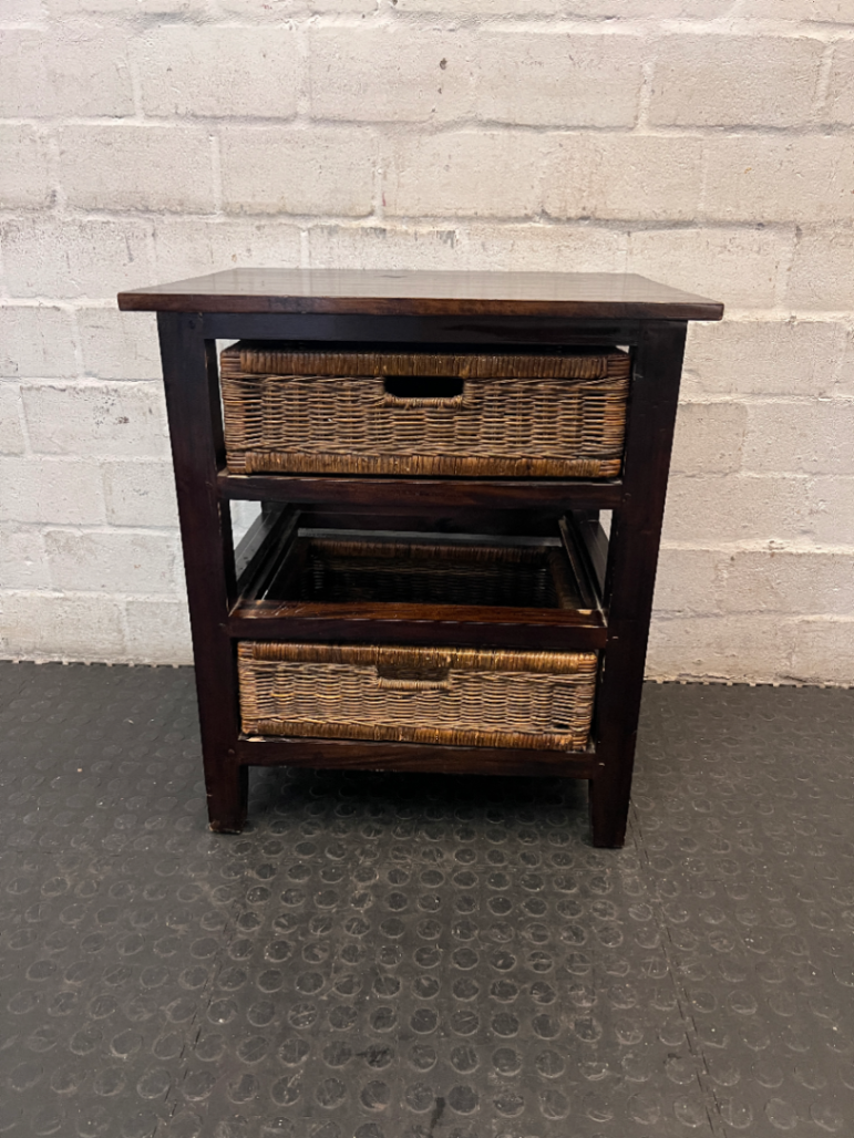 Dark Wood Bedside Pedestal with Wicker Baskets - 2ndhandwarehouse.com