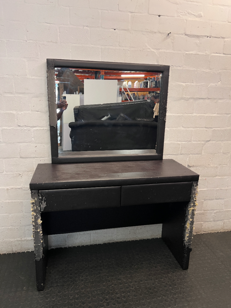 Dark Brown Upholstered Dressing Table with Mirror — Damaged Frame and Mirror Surround