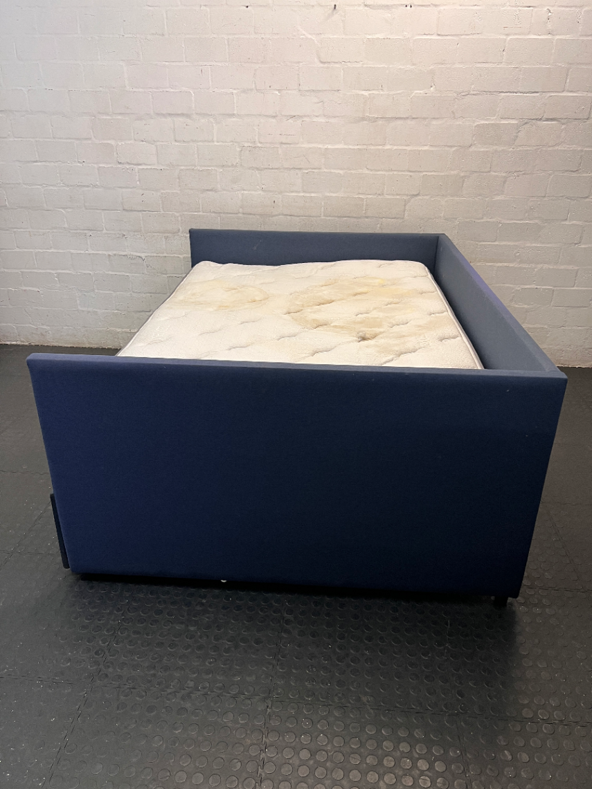 Navy Blue Upholstered Double Daybed with Mattress — Fair Used Condition with Mattress Staining