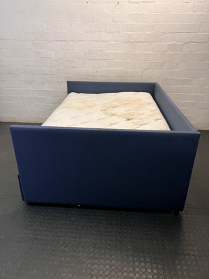 Navy Blue Upholstered Double Daybed with Mattress — Fair Used Condition with Mattress Staining