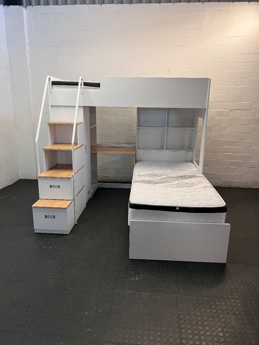 White L-Shaped Bunk Bed with Desk and Storage Cupboard — Good Condition