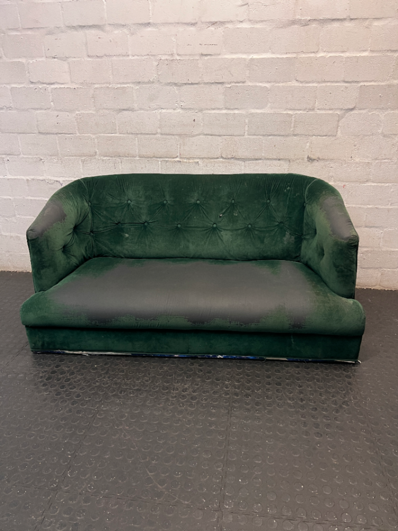Tufted Green Velvet-Look 2 Seater Couch — Significant Upholstery Wear and Thinning Fabric
