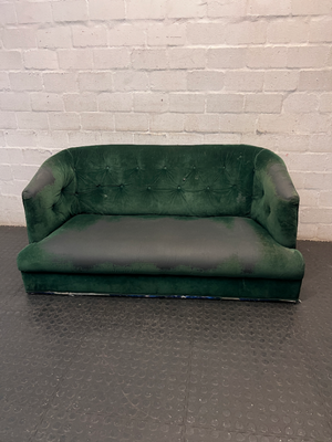 Tufted Green Velvet-Look 2 Seater Couch — Significant Upholstery Wear and Thinning Fabric