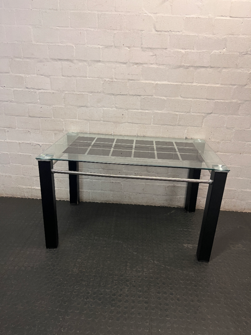 Glass Dining Table with Dark Inlay and Chrome Accents