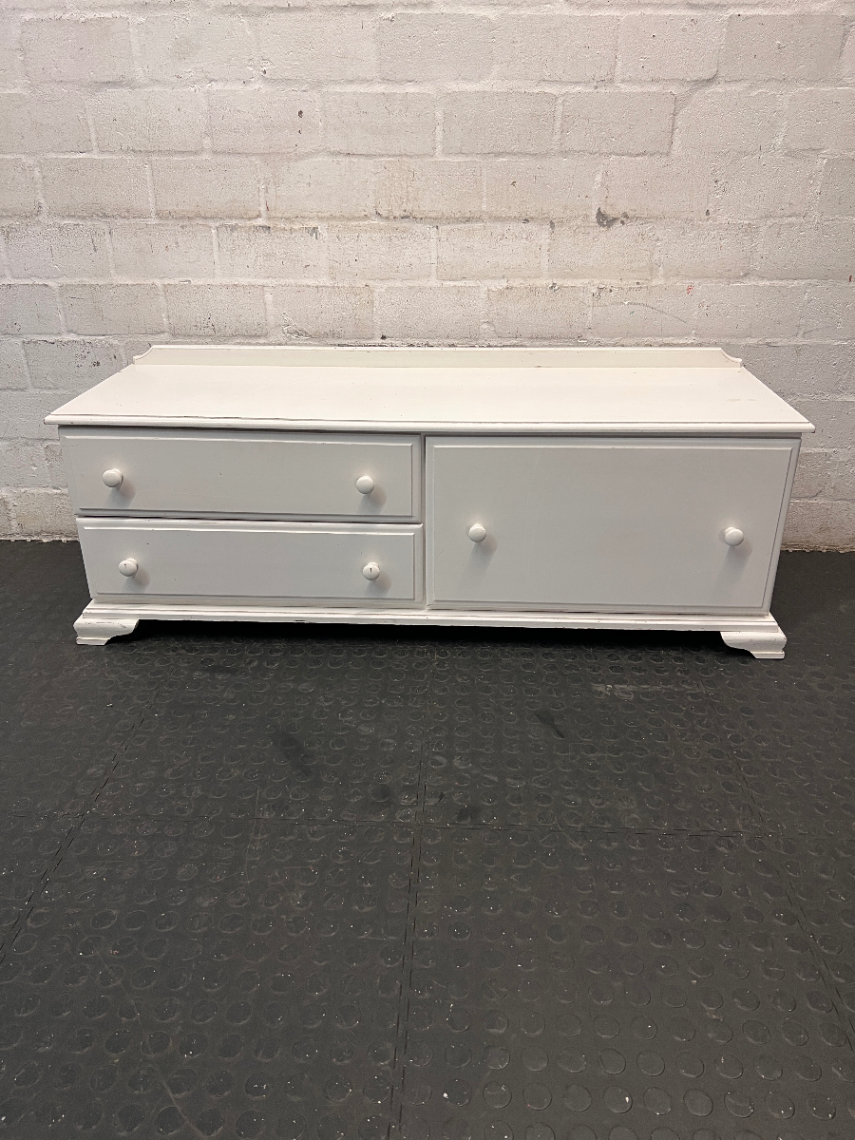 White Wooden Storage Kist with Drawers and Cupboard — Paint Chips on White Finish