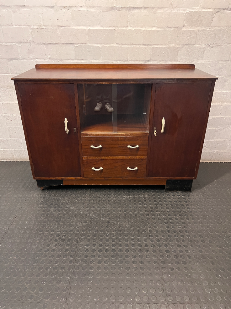 Vintage Wooden Sideboard with Glass Display Compartment — Good Wood Condition