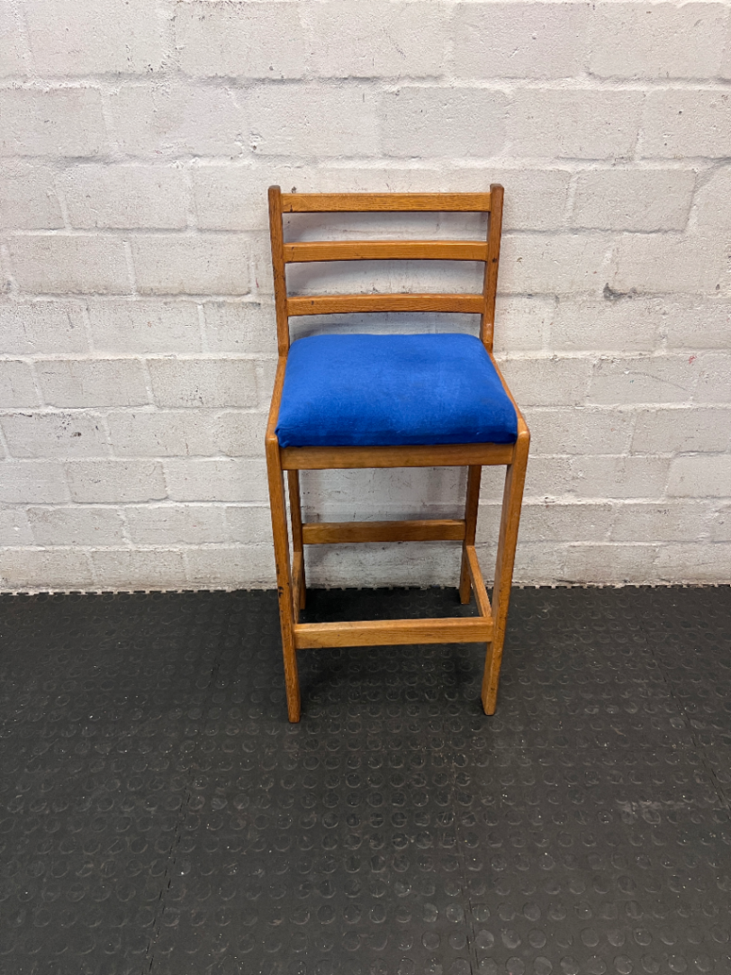 Ladder Back Wooden Bar Stool with Blue Padded Seat
