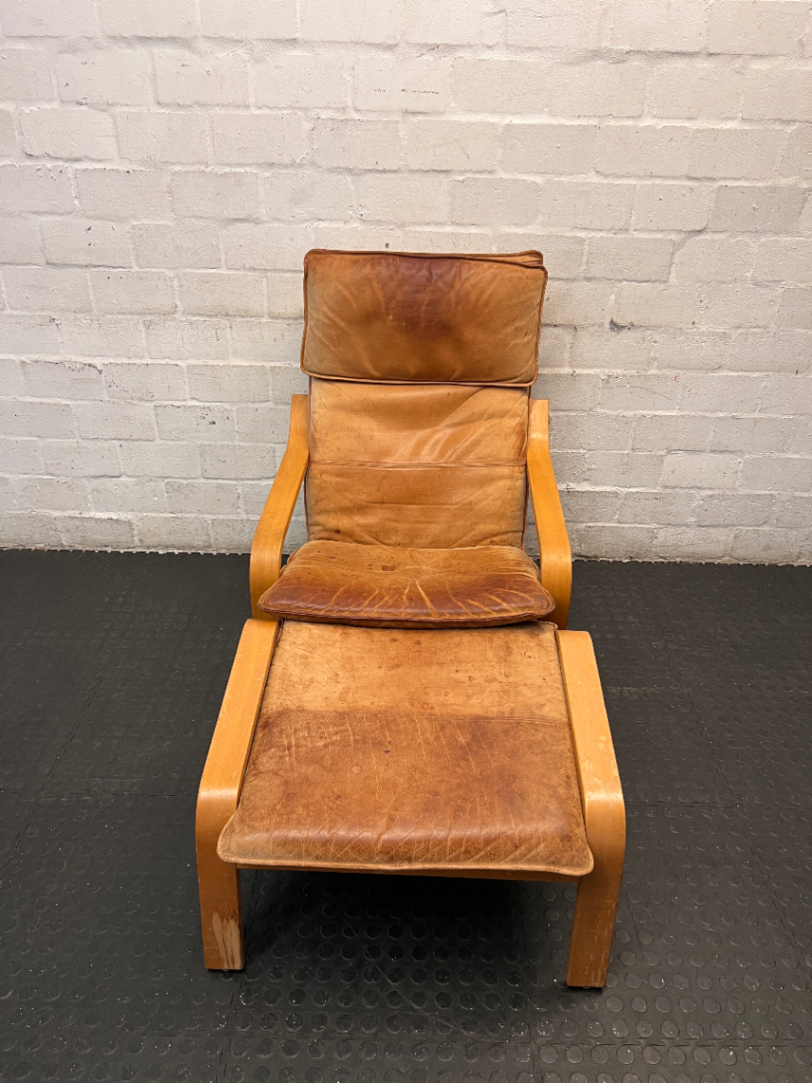 Tan Bentwood Lounge Chair and Footstool — Well Used with Significant Surface Wear