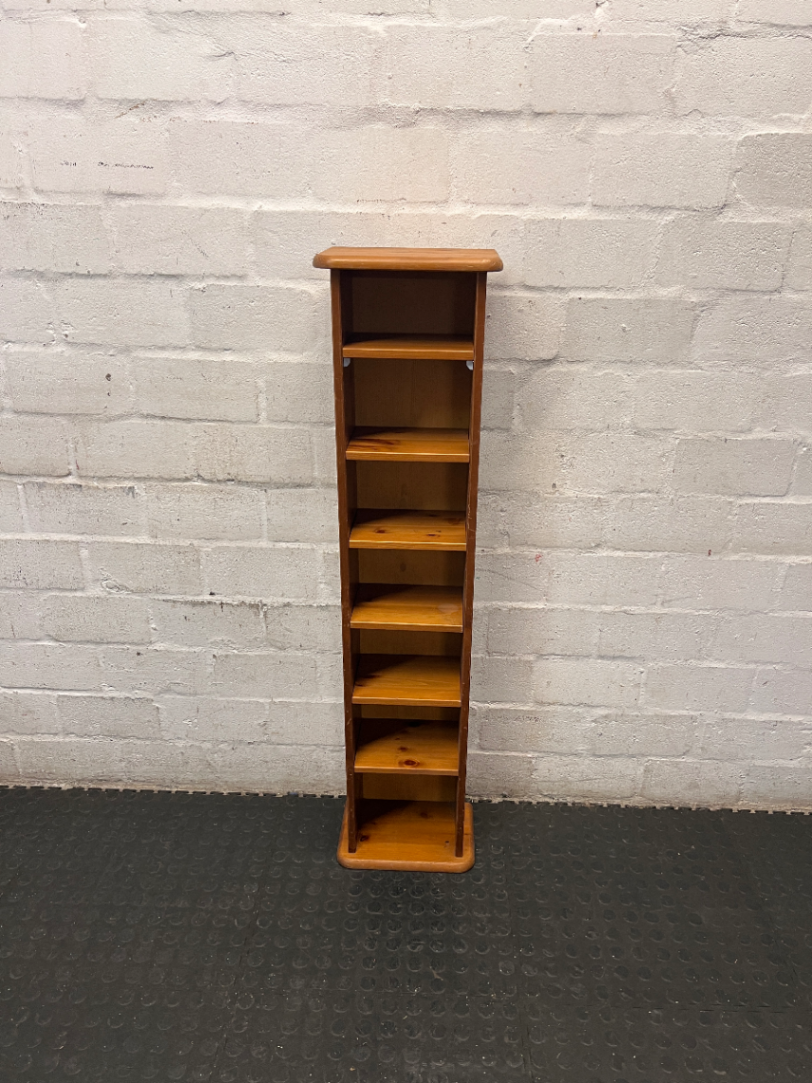 Tall Slim Pine-Finish Wooden Shelving Unit — Well Used Condition
