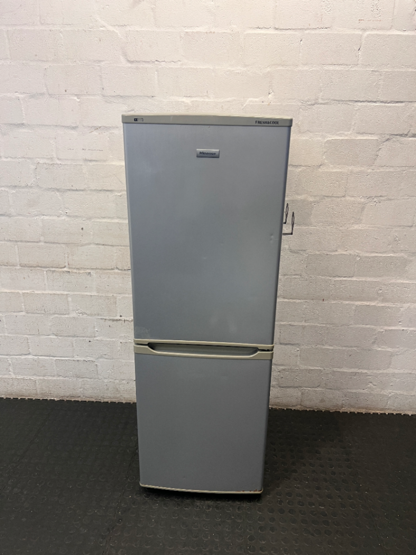 Hisense Silver Bottom-Mount Fridge-Freezer — Working Well, Fair Exterior Condition