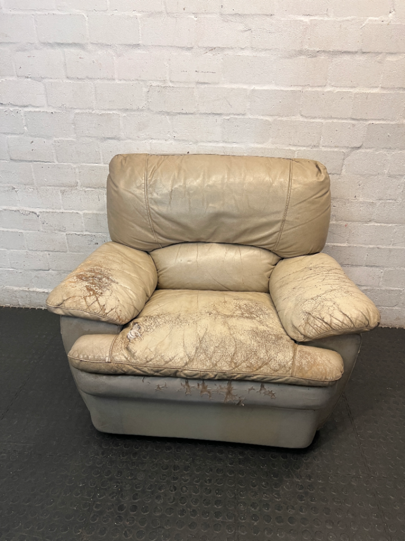 Beige Leather Recliner Armchair — Damaged Leather with Peeling and Tears