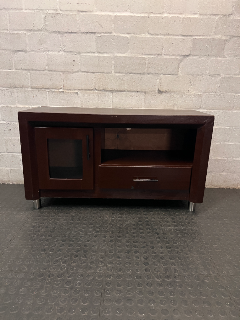 Compact Brown Wood TV Unit with Glass Door and Drawer — Good Working Order
