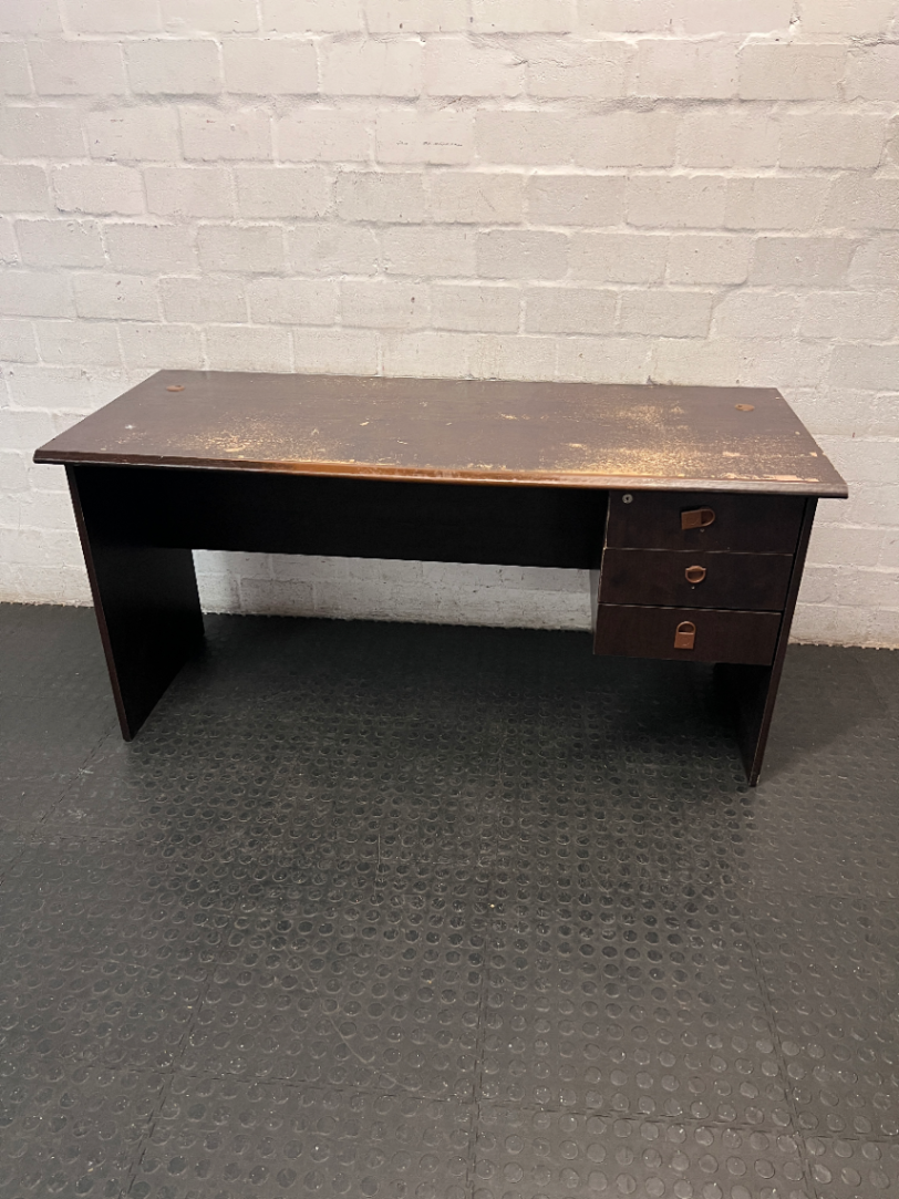 Dark Wood-Look Office Desk with 3 Drawers — Damaged Wood Surface