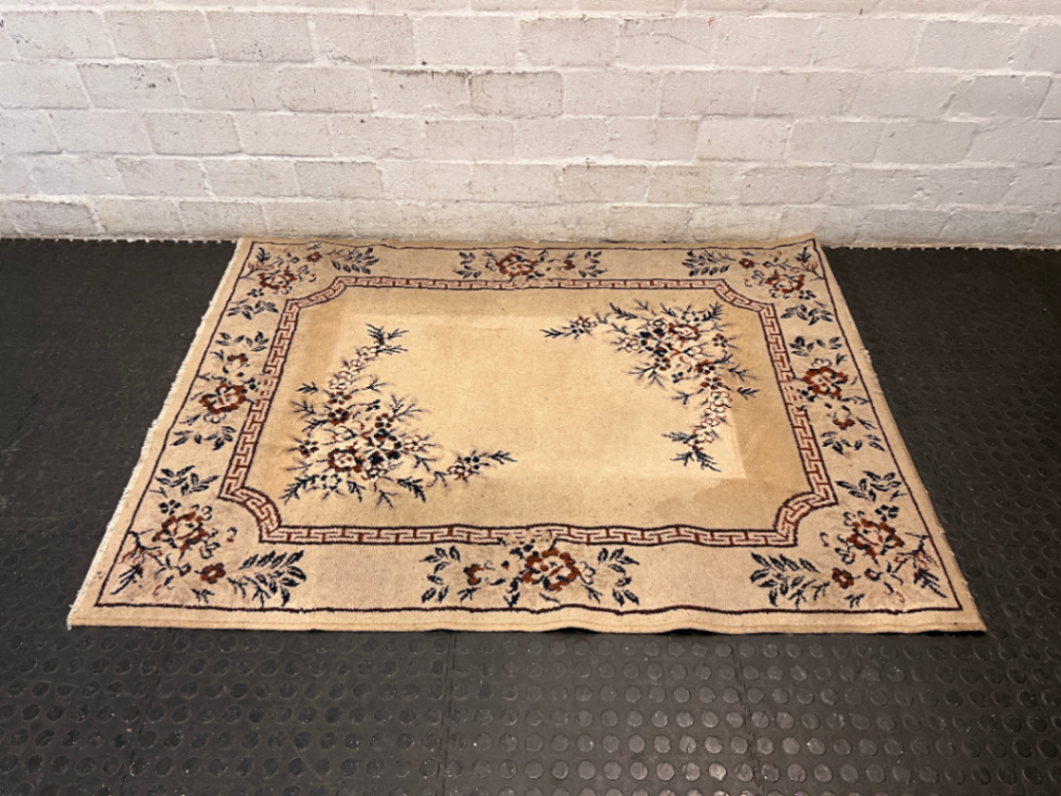 Floral Bordered Area Rug with Greek Key Detail — Well Used with Visible Fading