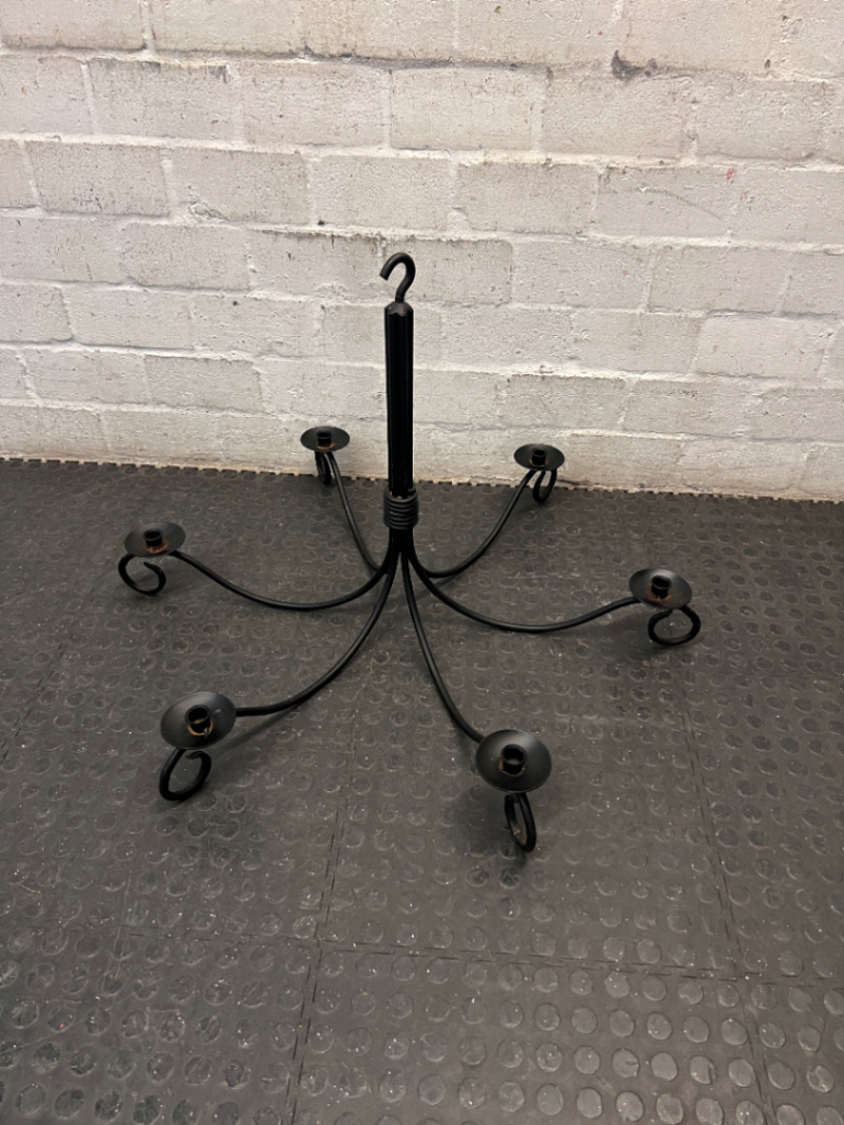 Ornate Six-Arm Metal Chandelier with Scroll Detail — Good Working Order