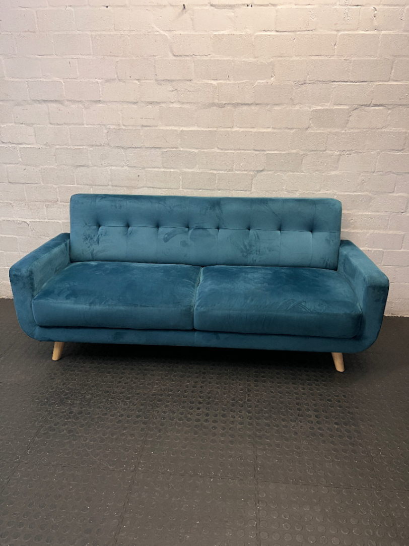 3 Seater Teal Blue Tufted Couch with Wooden Legs — Very Good Condition