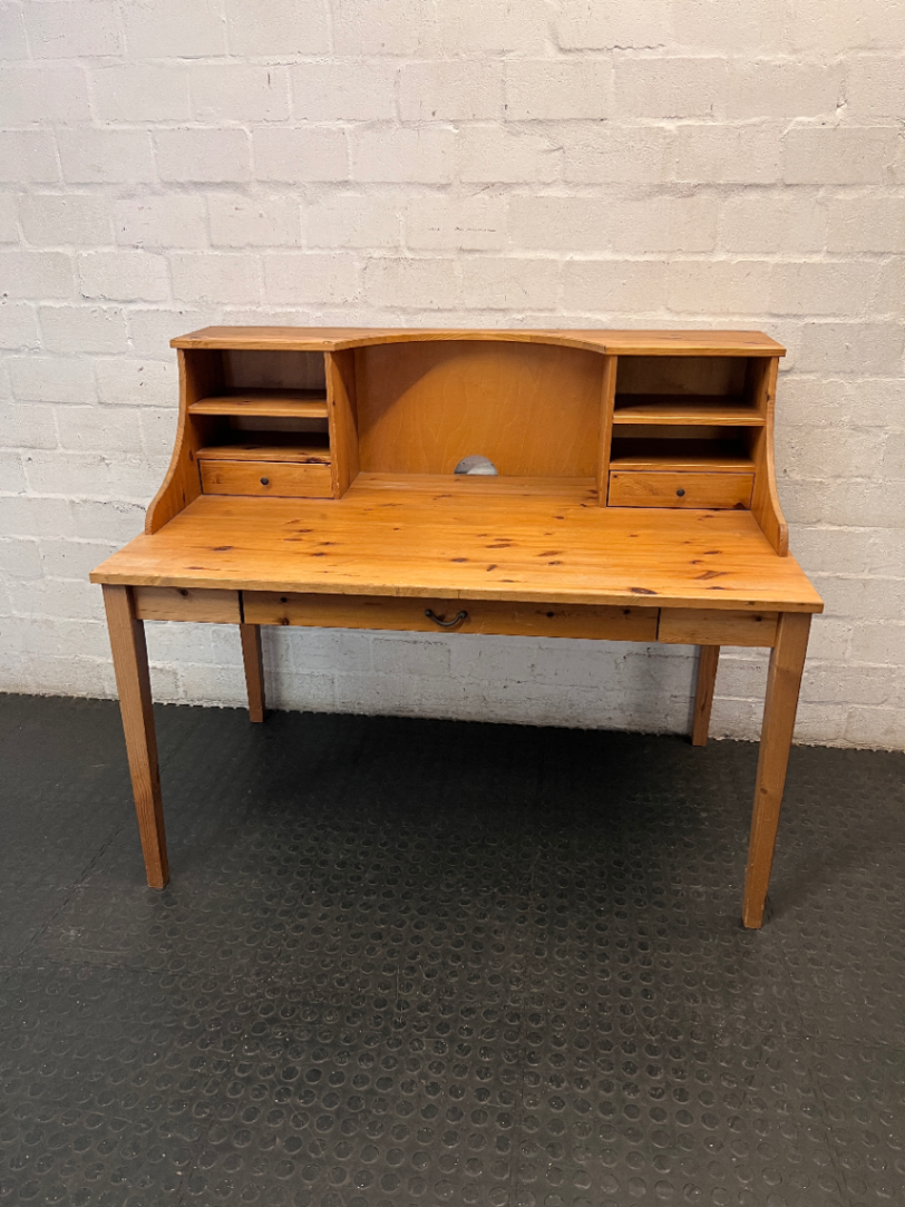 Pine Wood Office Desk with Hutch and Drawers — Fair Condition with Minor Scratches