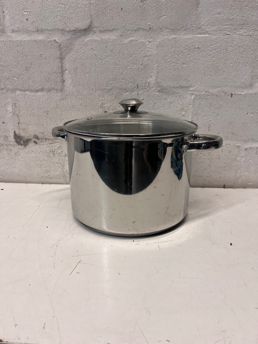 Polished Stainless Steel Pot with Glass Lid — Fair Used Condition with Surface Scratches