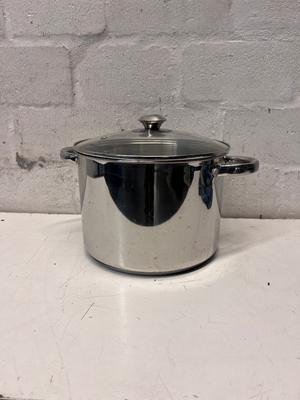 Polished Stainless Steel Pot with Glass Lid — Fair Used Condition with Surface Scratches