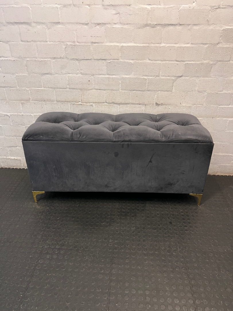 Tufted Grey Velvet Storage Ottoman with Gold Feet