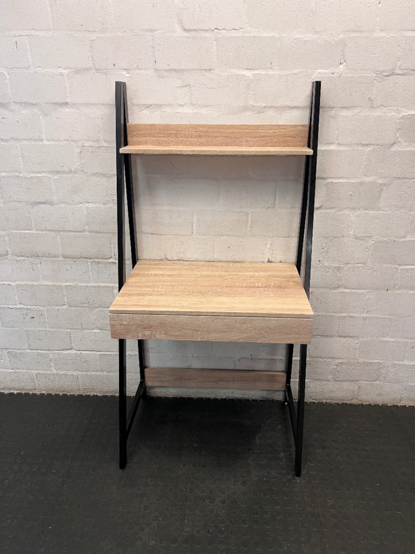 Oak Finish Ladder Desk with Metal Frame and Shelf — Slight Wear on Top Shelf Underside