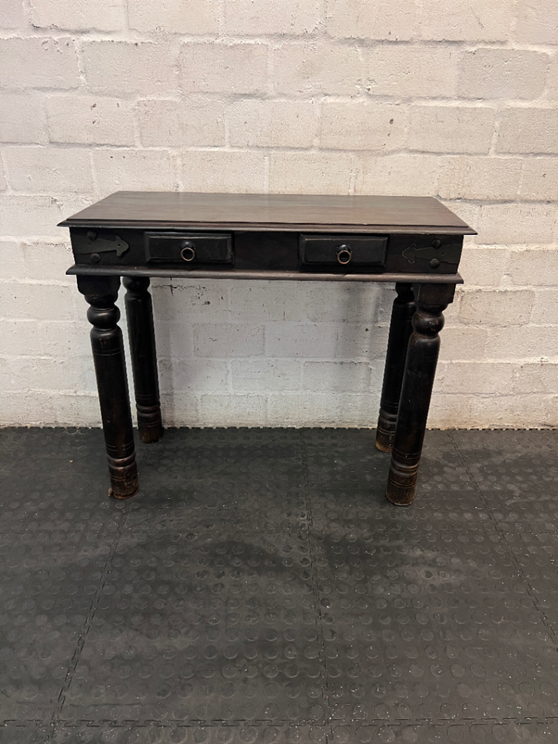 Dark Wood 2-Drawer Console Table with Turned Legs — Good Condition