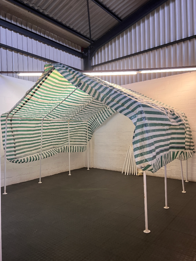 Striped Green and White Portable Canopy Carport — Fair General Condition