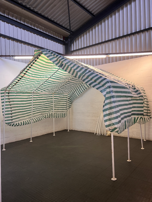 Striped Green and White Portable Canopy Carport — Fair General Condition
