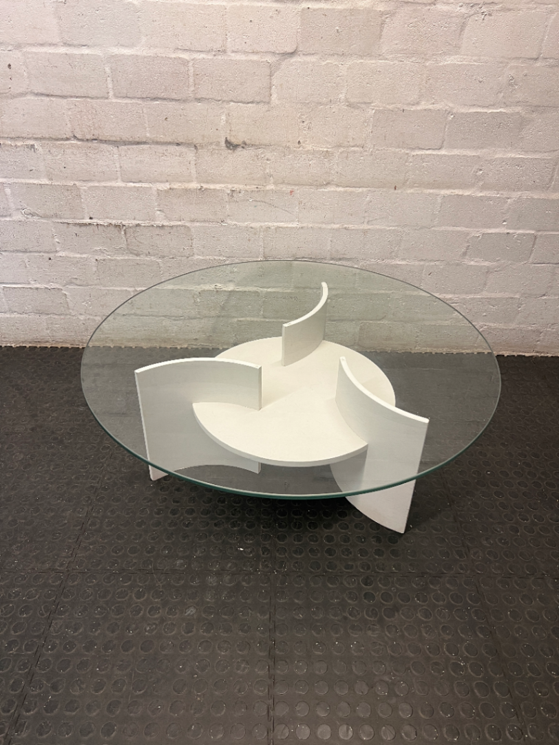 Round Glass Coffee Table with Designer White Base — Well Used Condition
