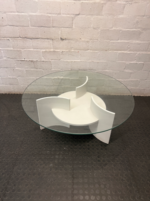 Round Glass Coffee Table with Designer White Base — Well Used Condition