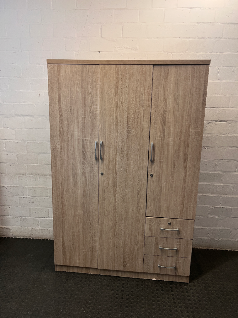 Light Brown 3-Door Wardrobe with 3 Drawers — No back board