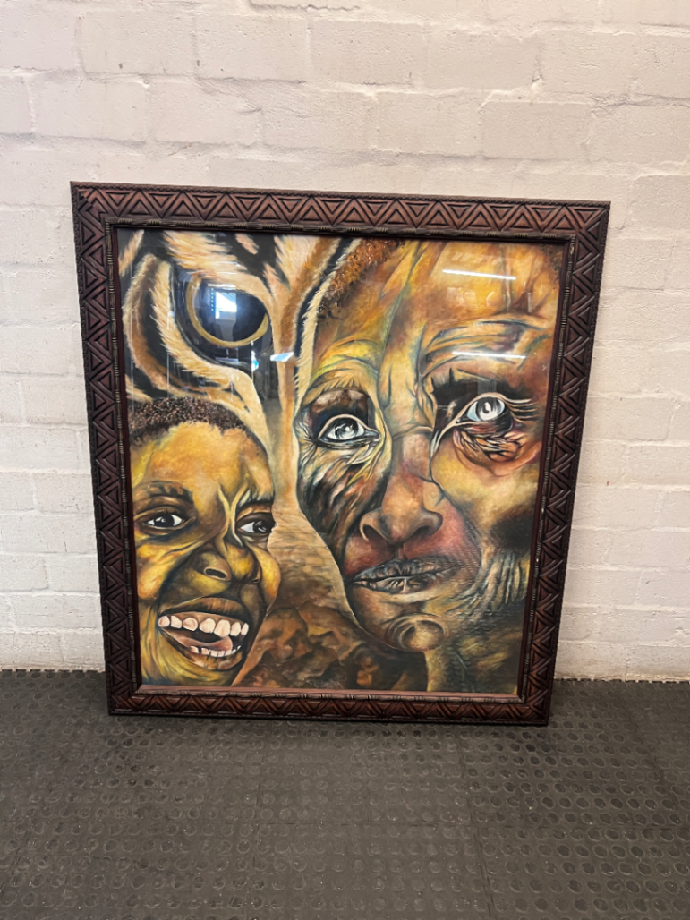 Large Carved Wooden Framed Portrait Artwork — Used; Fair Condition