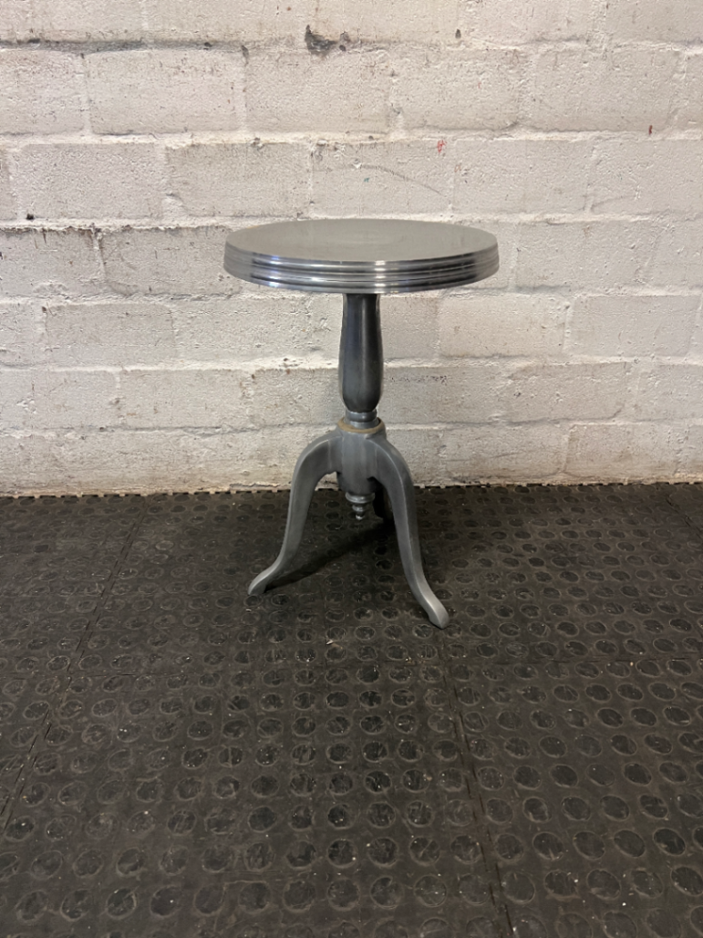 Silver Pedestal Side Table with Triple Leg Base — Well Used with Visible Wear