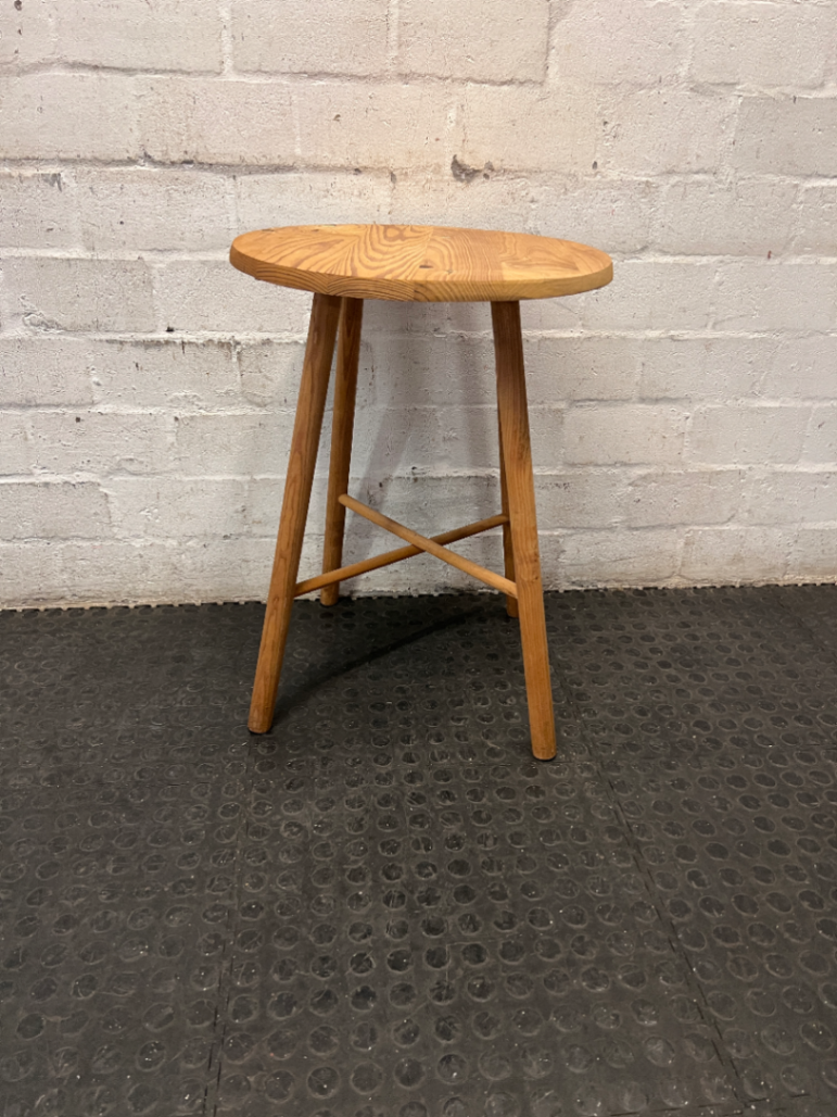 Round Natural Wood Side Table with Tapered Legs — Used; Fair Condition
