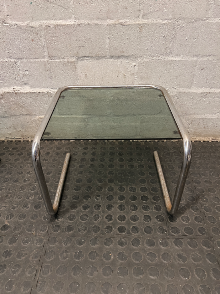 Cantilever Metal Side Table with Tinted Glass Top