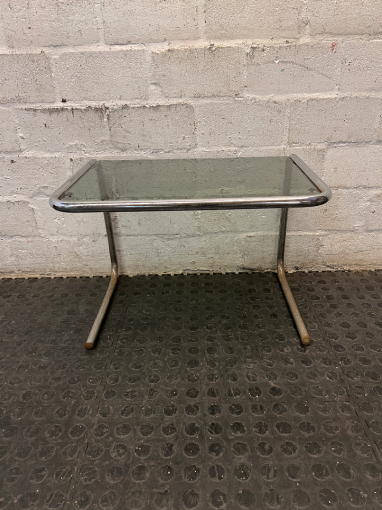 Glass Top Cantilever Side Table with Silver Frame — Well Used with Visible Wear