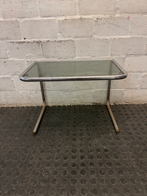 Glass Top Cantilever Side Table with Silver Frame — Well Used with Visible Wear
