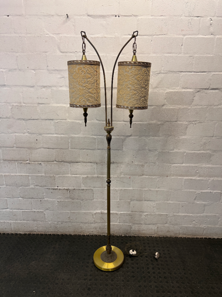 Vintage Double Arch Gold Floor Lamp with Patterned Shades — Well Used Condition