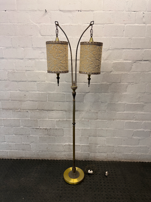 Vintage Double Arch Gold Floor Lamp with Patterned Shades — Well Used Condition