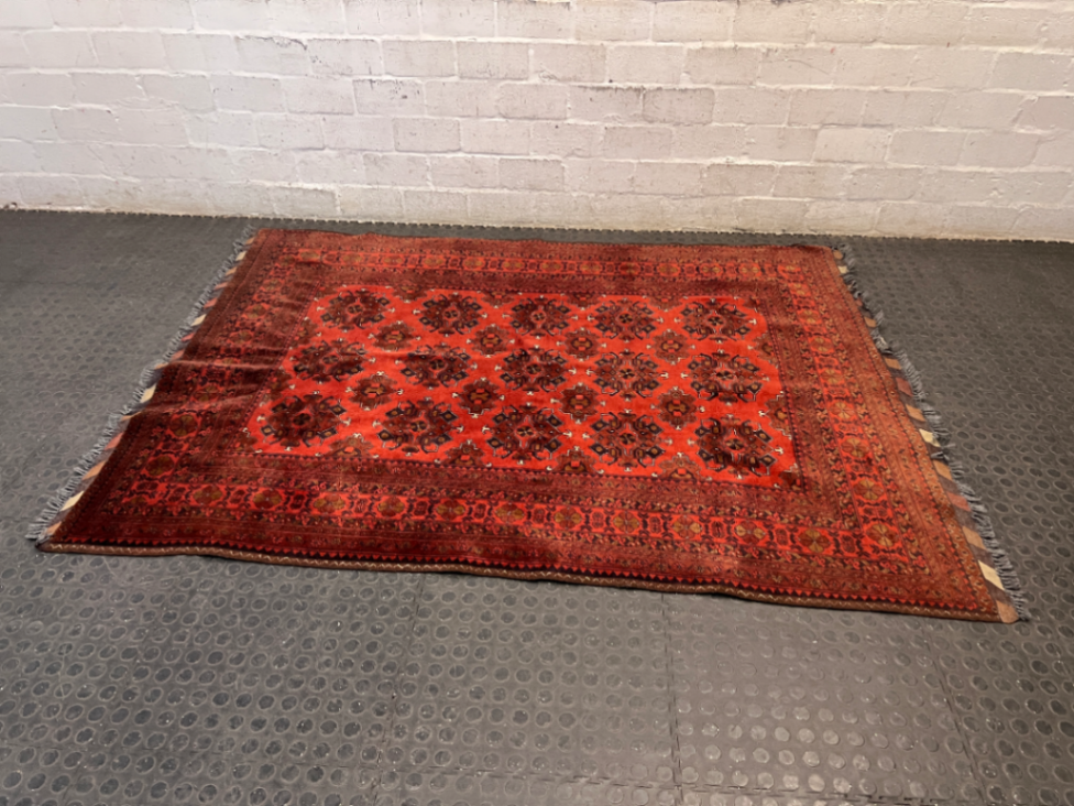 Intricate Red Persian Style Fringed Rug — Fair-Used Condition