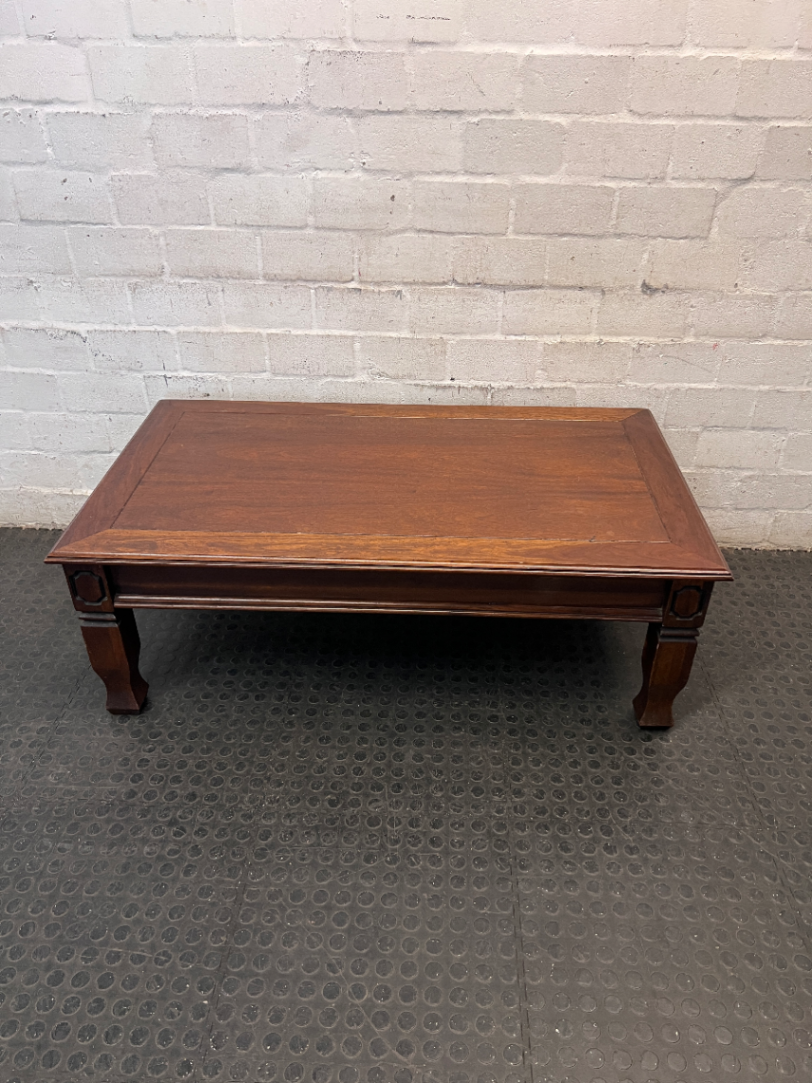 Classic Rectangular Wooden Coffee Table with Carved Legs — Fair Used Condition with Surface Wear