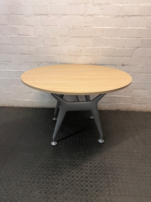 Round Oak-Toned Table with Modern Metal Base — Clean and Well-Maintained Condition