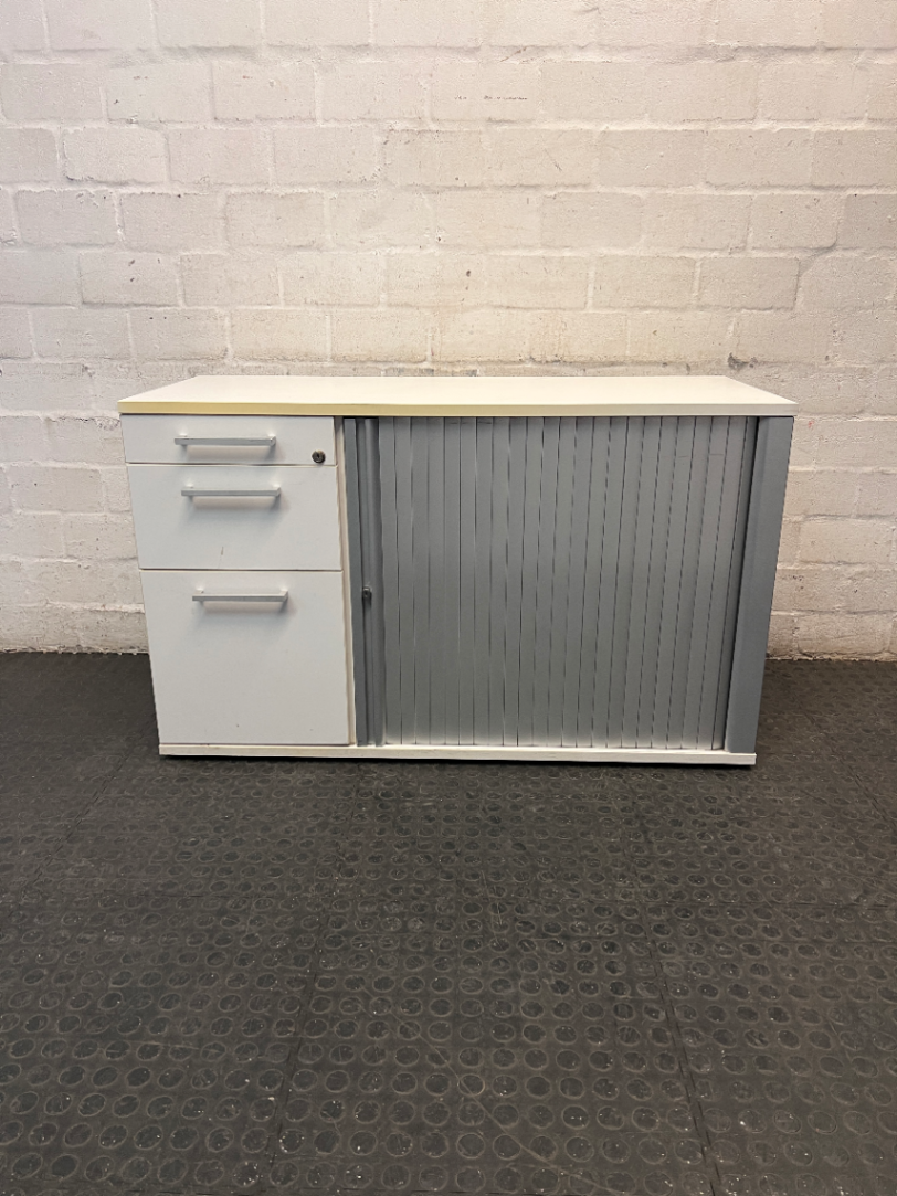 White and Silver Office Credenza with Roller Door — Good Working Order