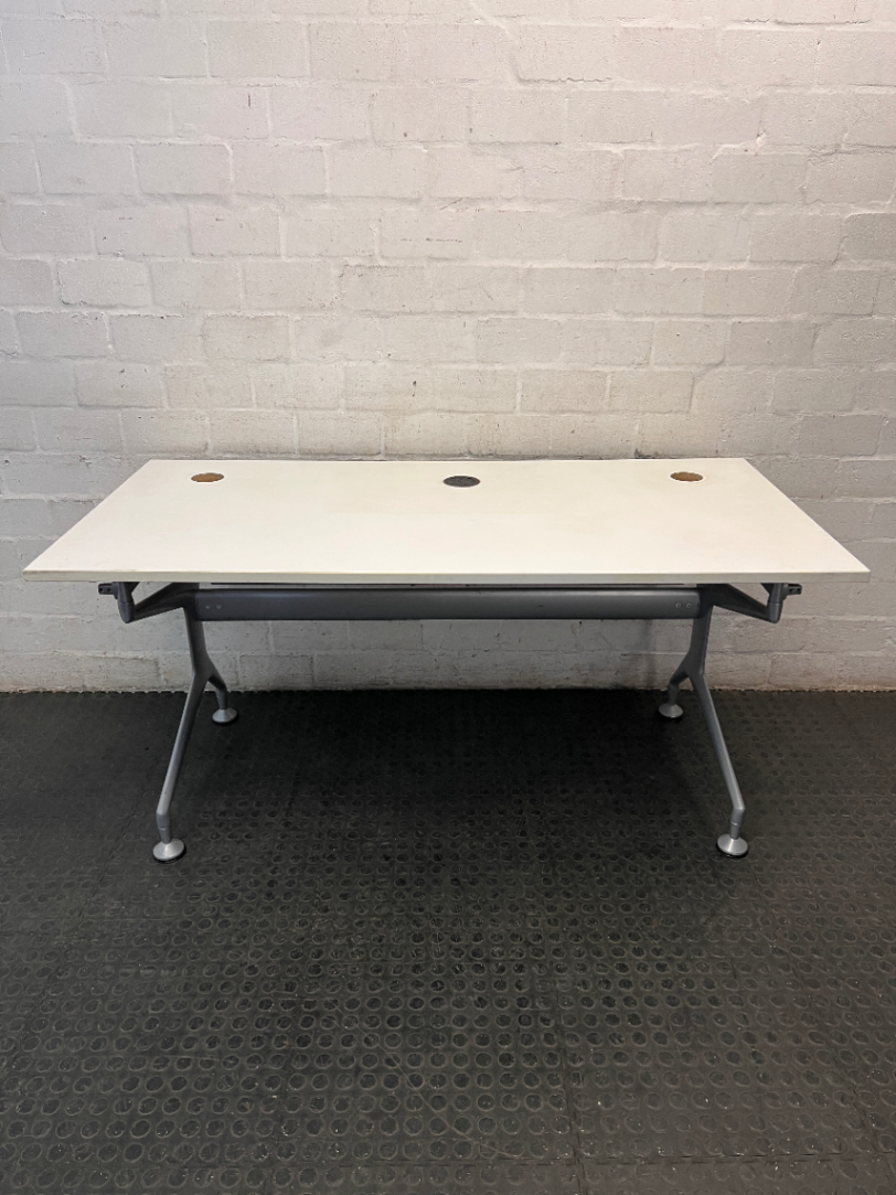 Modern White Office Desk with Grey Metal Base — Good Working Order