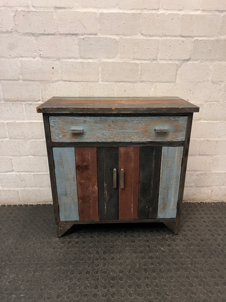 Rustic Multi-Coloured Wooden Sideboard Cabinet — Worn Vintage Finish with Visible Chips