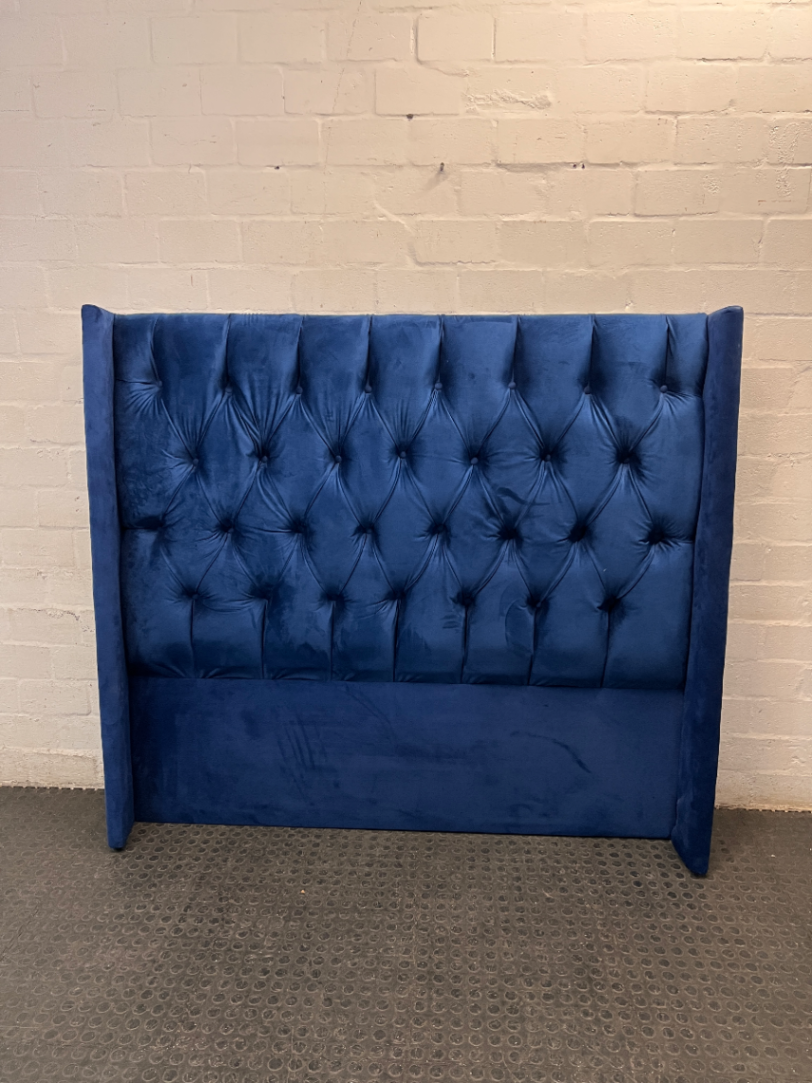Navy Blue Velvet-Style Wingback Headboard by Makro — Good Working Order