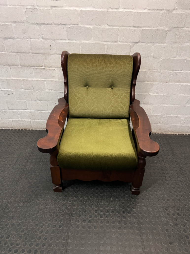 Vintage Wooden Armchair with Olive Green Upholstery